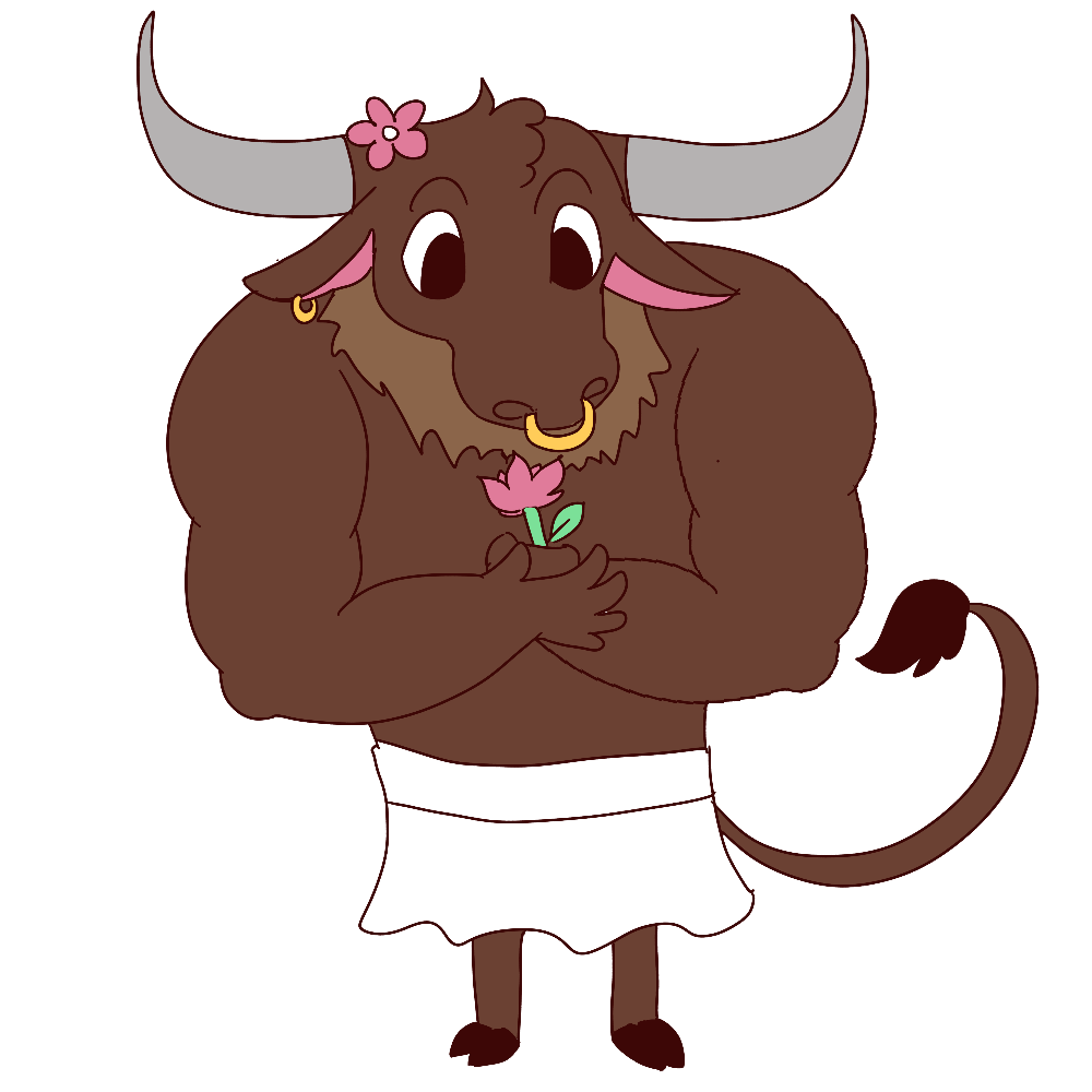 a brown minotaur with a flower in its ear holds a pink flower